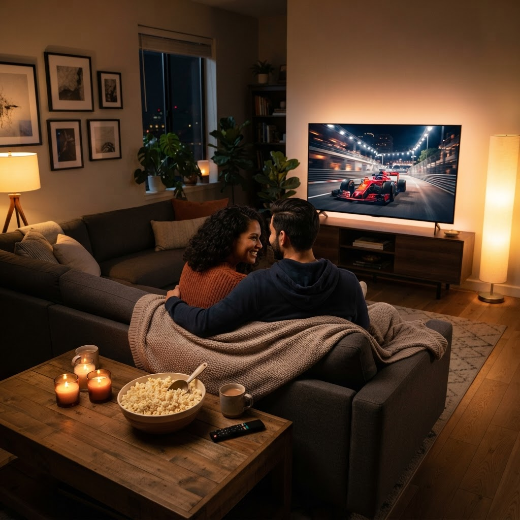 Pareja disfrutando su pantalla nueva en la sala
